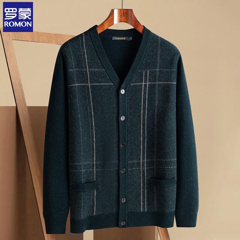 ROMON Men's 100% Wool Jacquard Thick Knit Cardigan