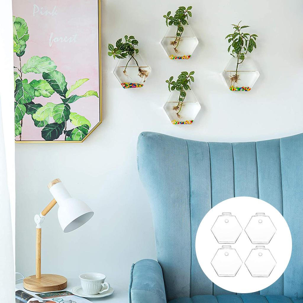 4 Packs Geometric Hexagonal Glass Vase Wall Sticked Planters Flower Pots/Water Planter Home