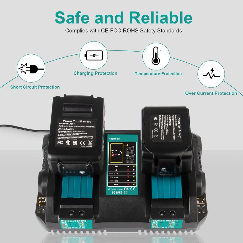DC18RD 14.4V-18V Replace Charger for Makita 18V Charger, Dual Ports Rapid Charger Compatible with Makita 14.4V-18V Charger DC18RC DC18SF DC18RT &