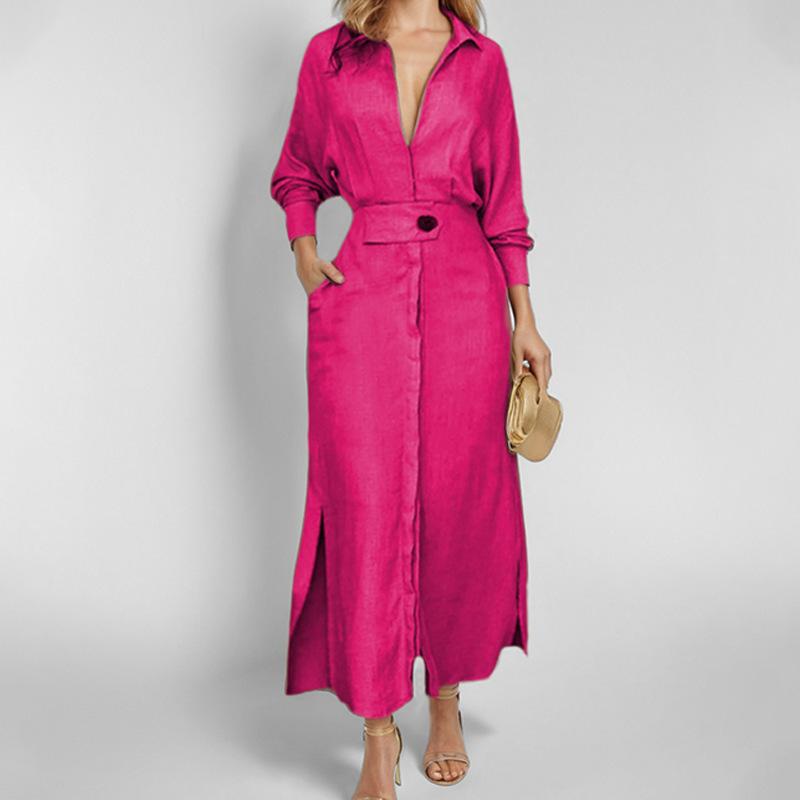 Spring Autumn Polo-neck Elegant Fashion Waist Dress Women Long Sleeve Solid Color Casual Robe Vestidos