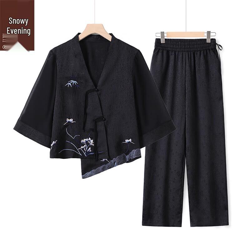 XUEXI New Chinese Style Embroidered Short Sleeve Two-Piece Set for Women 3XL