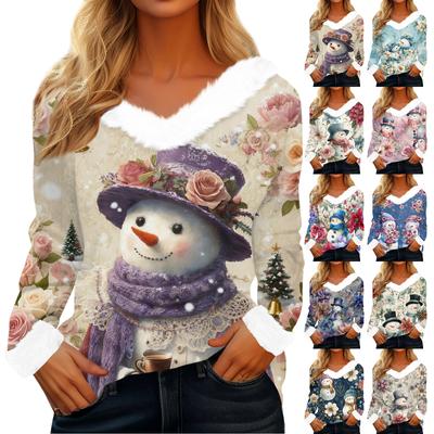 Women's T Shirt Tee Christmas Shirt Long Sleeve Party Christmas Print Fleece Collar V Neck Top