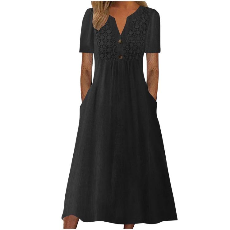 Boho Maxi Dress Summer Dress with Pockets Women Short Sleeve V Neck Fashion Dress S чёрный