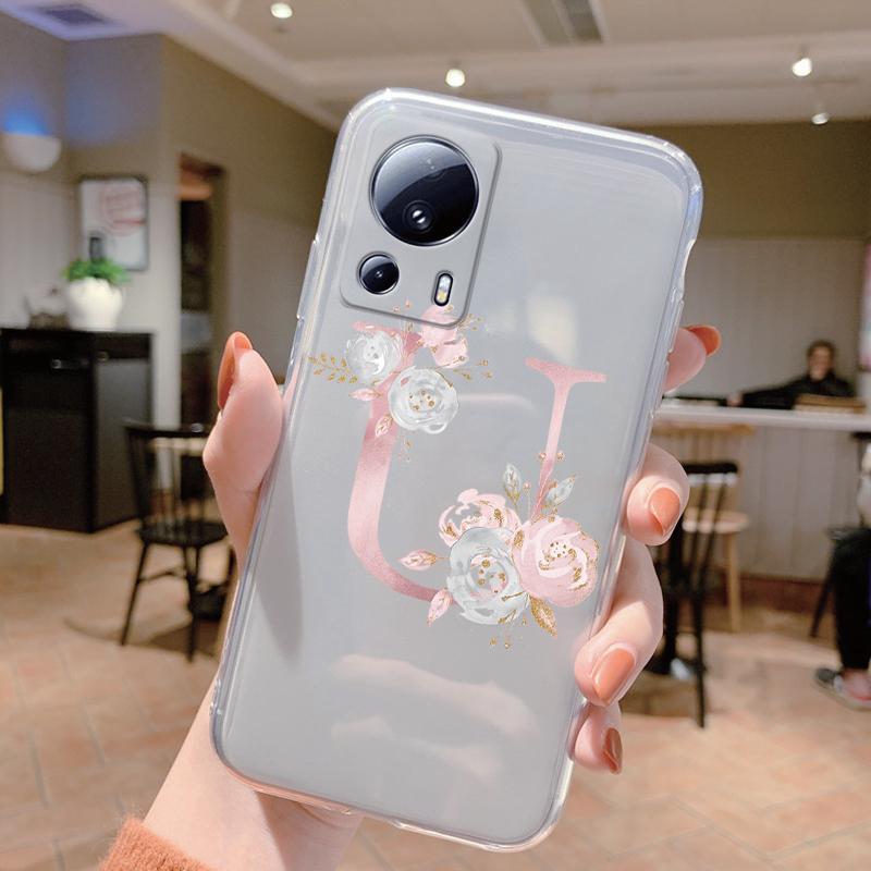 

Pink Flowers Initial Cover For Xiaomi 13 Lite Case Letter A To Z Transparent Soft TPU Protective Funda For Xiaomi 13 Lite Coque Xiaomi 13 Lite