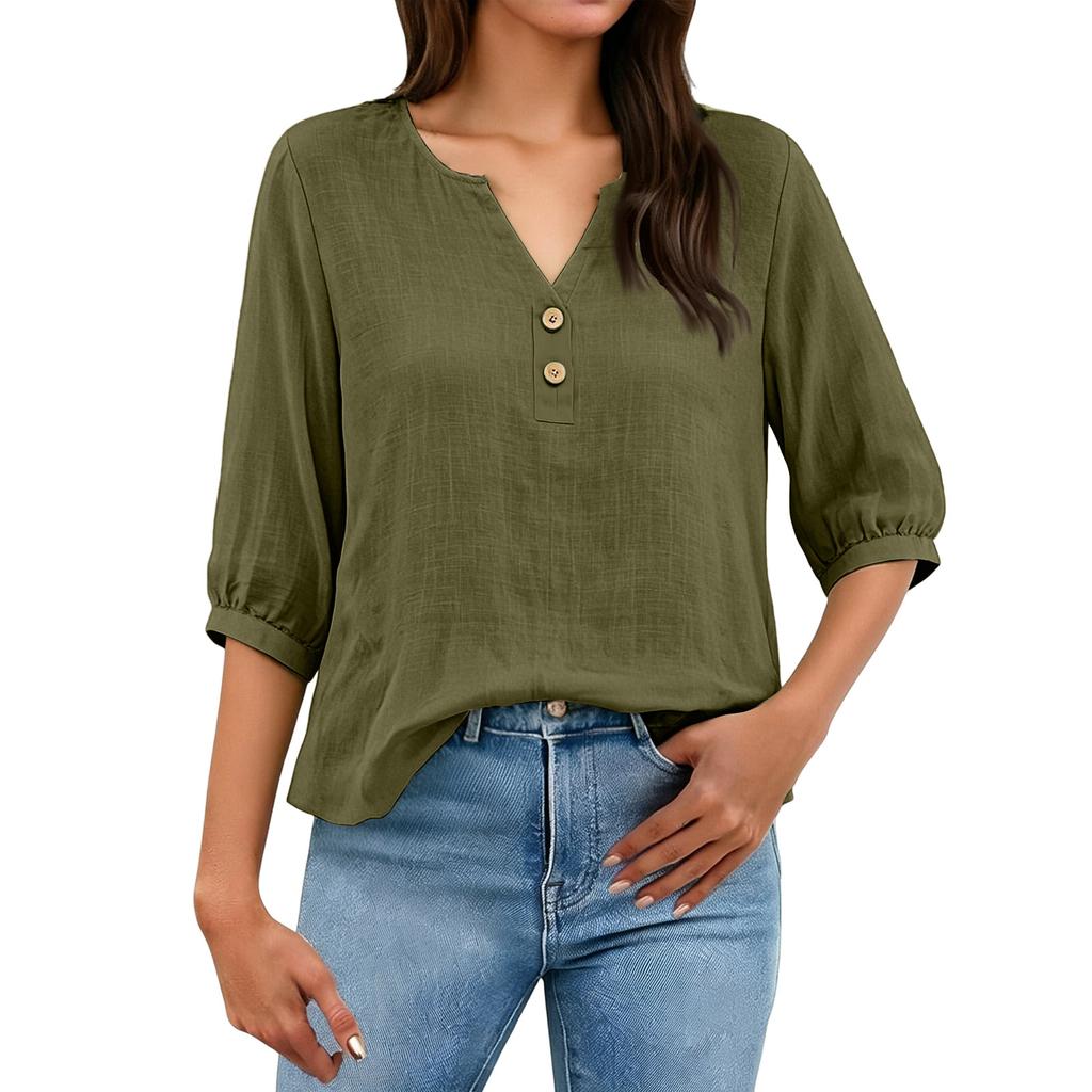 Damen Leinen Baumwolle Henley-Kragen Knopfleiste Dreiviertelärm Lockerer Schnitt Freizeitbluse Hemd Top für den täglichen Gebrauch