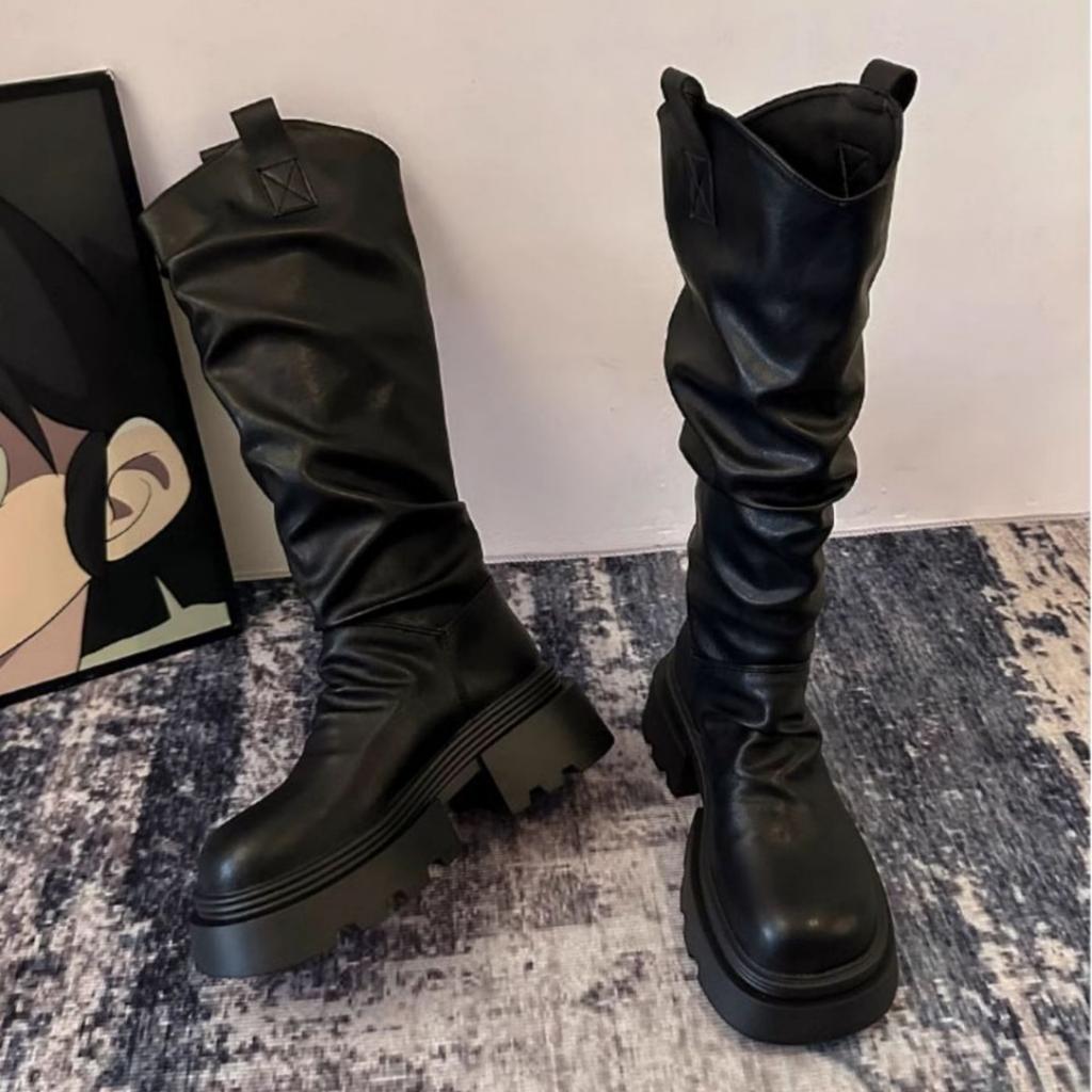 [Fanfna] 2025 Autumn New Platform Boots Women's Knee Knight Boots Thin Pleated Piled Boots