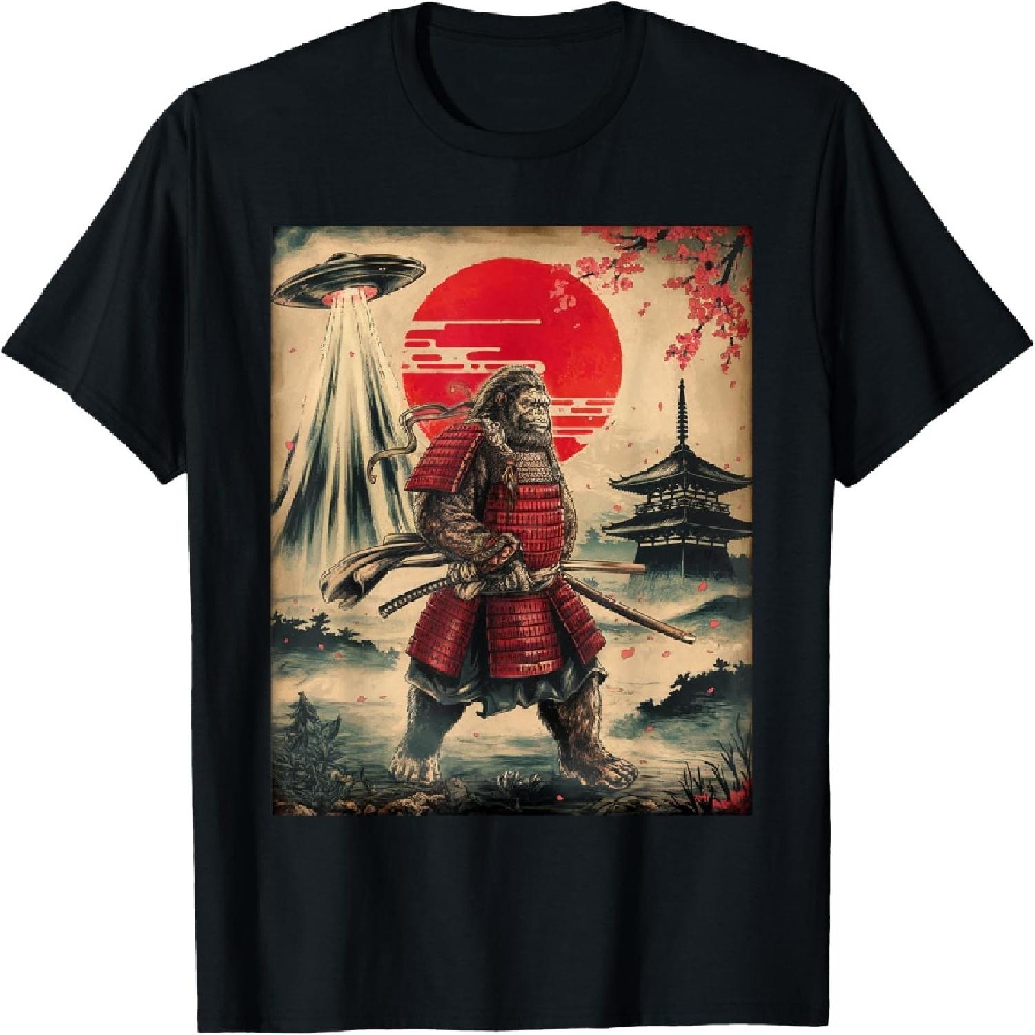 Самурай Бигфут Японский НЛО Винтажная Графика Искусство Укиё-э Футболка S