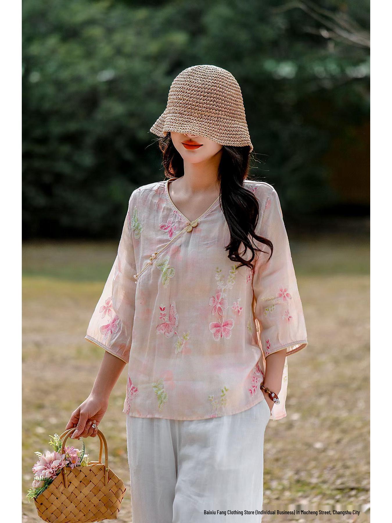 

Summer 2026 Women s Lightweight V-Neck Linen Shirt with Frog Button and Oblique Placket One Size