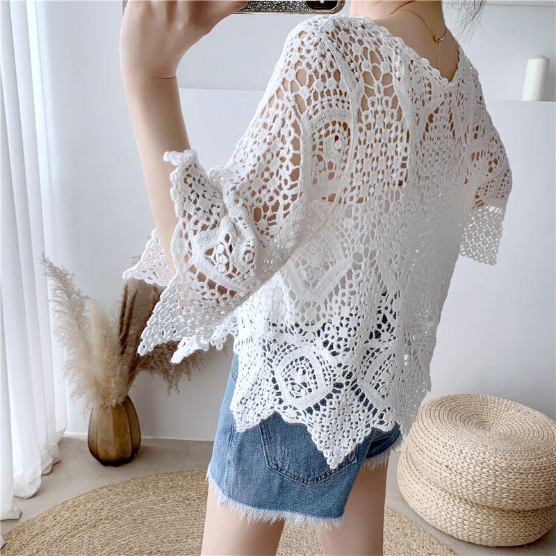 2025 Women's Casual Lace Blouse: Short Sleeve Crochet Shawl, Hollow Out, Fashionable Knit Top