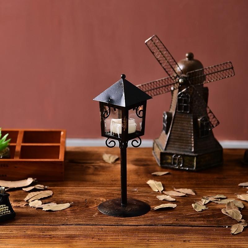 European Retro Wrought Iron Glass Wind Lamp Candle Holder Decoration Creative Wedding Home Decoratio