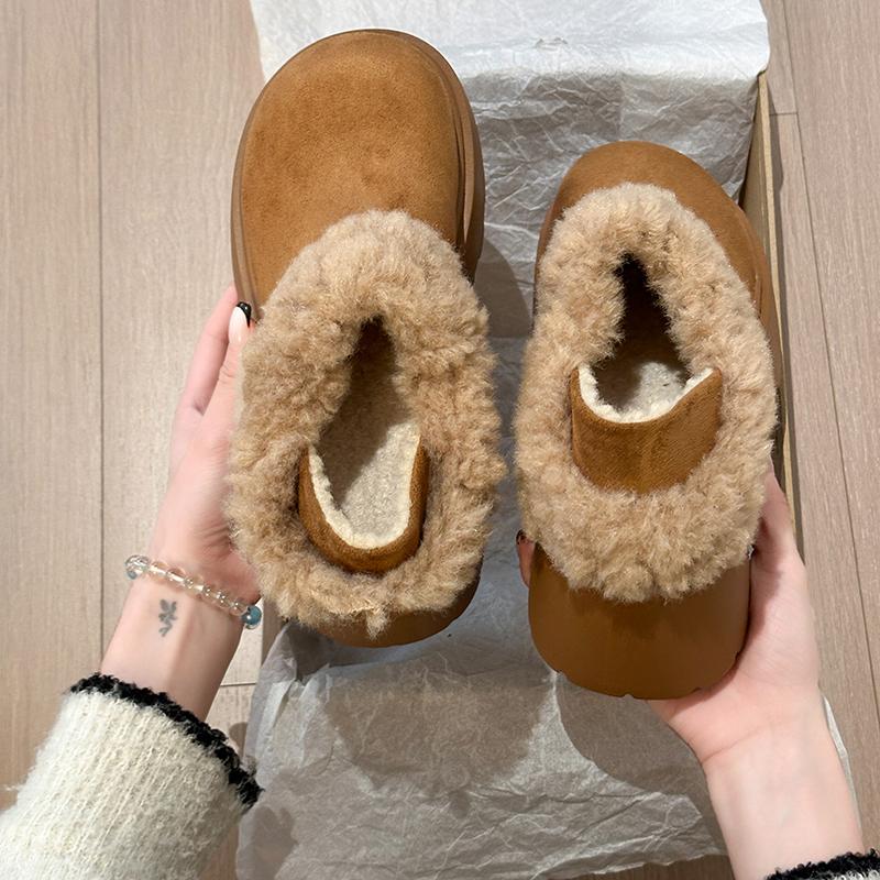 Winter Platform Flats Women Fur Lining Snow Boots Concise Shallow Slip On Shoes Ladies Outdoor Comfort Warm Cotton Short Booties