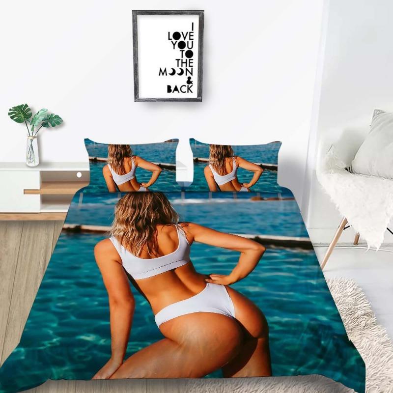 3D Bikini Duvet Cover Bedding Set, Sexy Beauty Down Duvet Cover Pillowcase, Ultra-fine Fiber Bed Cover, Single Double Bed