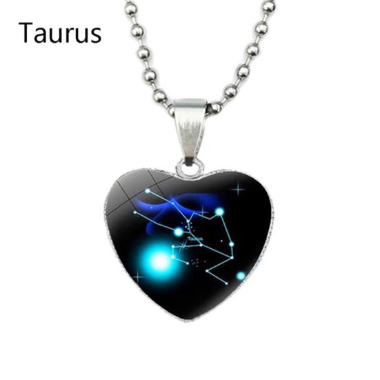 Love Heart Necklace Fashion Charming Glass 12 Zodiac Constellations Sign Pendant for Women