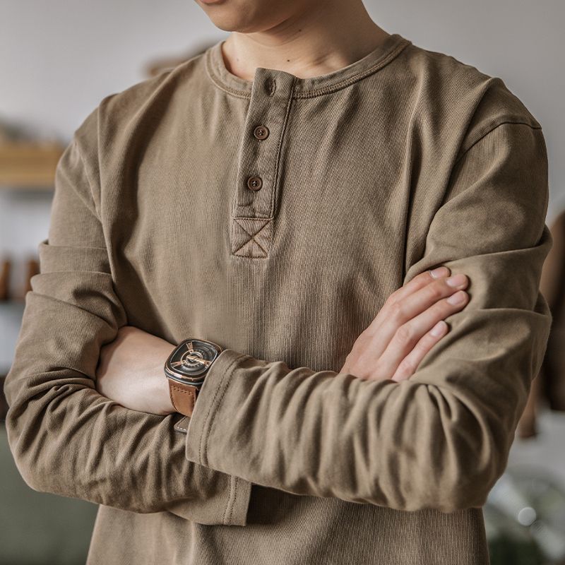 

American Retro Henley T-shirt Men s Spring and Autumn Large Loose Open Collar Long Sleeve Base Top L коричневий