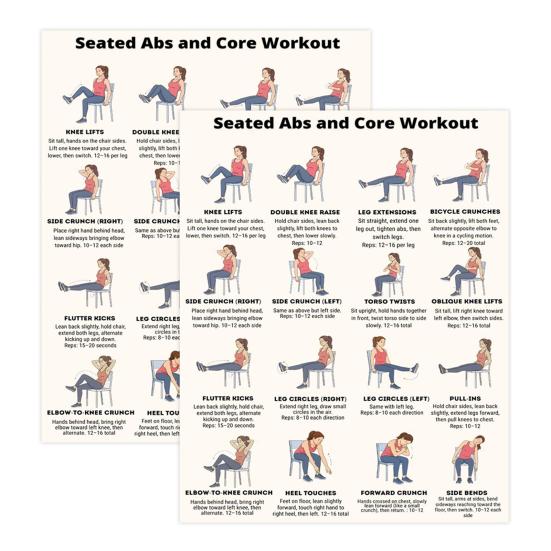 2 Sheets Seated Core Exercise Poster, Chair Workout Chart for Abs, Home Gym Wall Art, Strength Training Guide for Seniors 2pcs