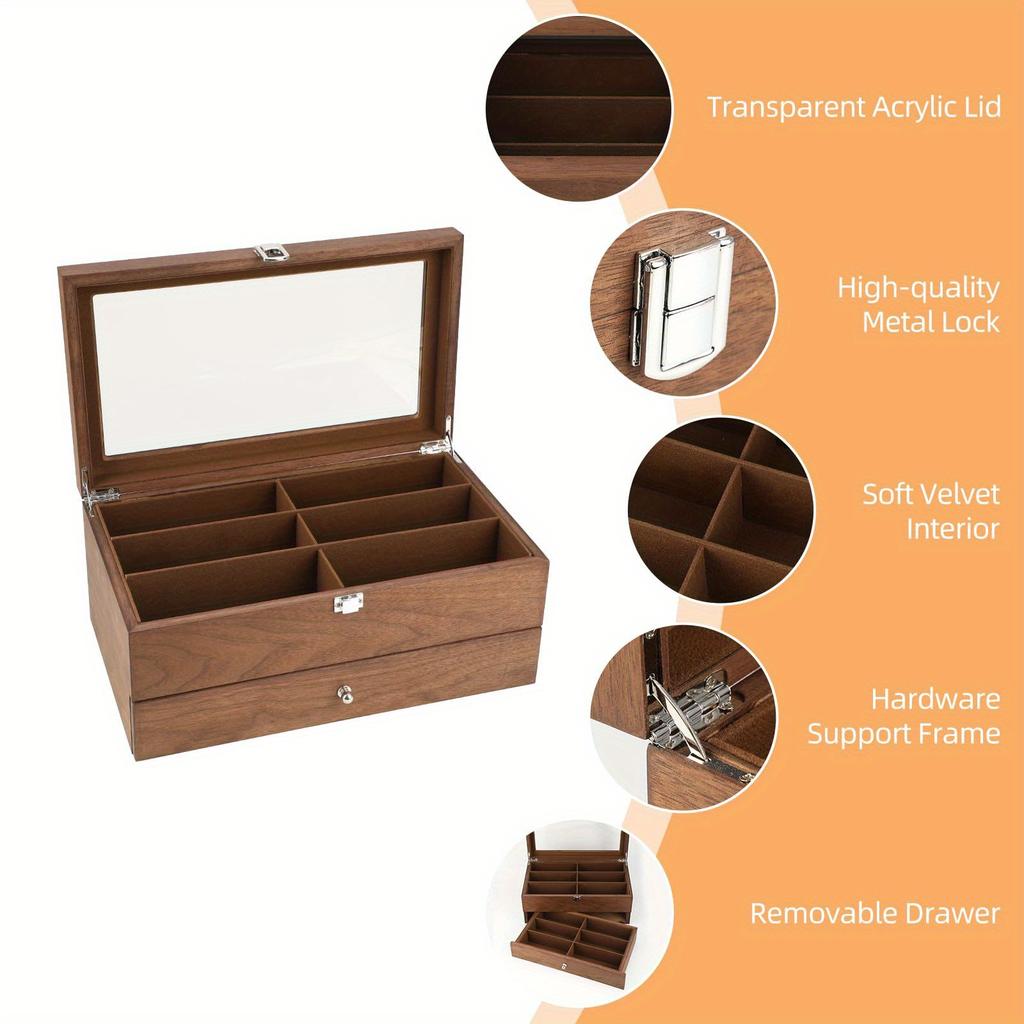 1pc 2 layers 12 grids Sunglasses wooden Storage Box with transparent Flip,Good quality,suitable for sunglasses display,organizer,collection.
