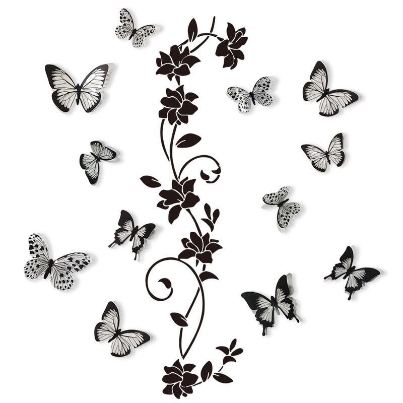3D Butterfly Wall Stickers Home Decor Black Flower Rattan Living Room Background Room Wall Stickers Dark Fashion Style