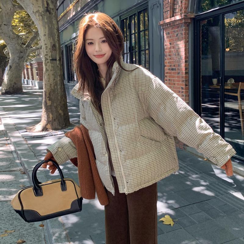 Handu Yishe plaid stand-up collar cotton-padded clothes for women's winter new loose and thickened padded small short cotton-padded jacket