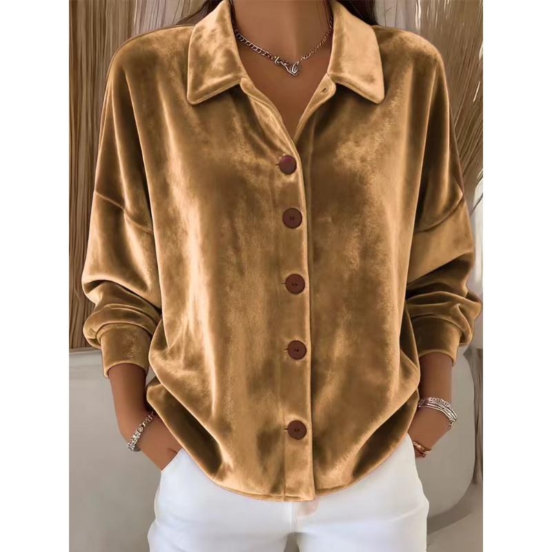 Women's Velour Button-Down Shirt Lapel Long Sleeve Casual Loose Blouse