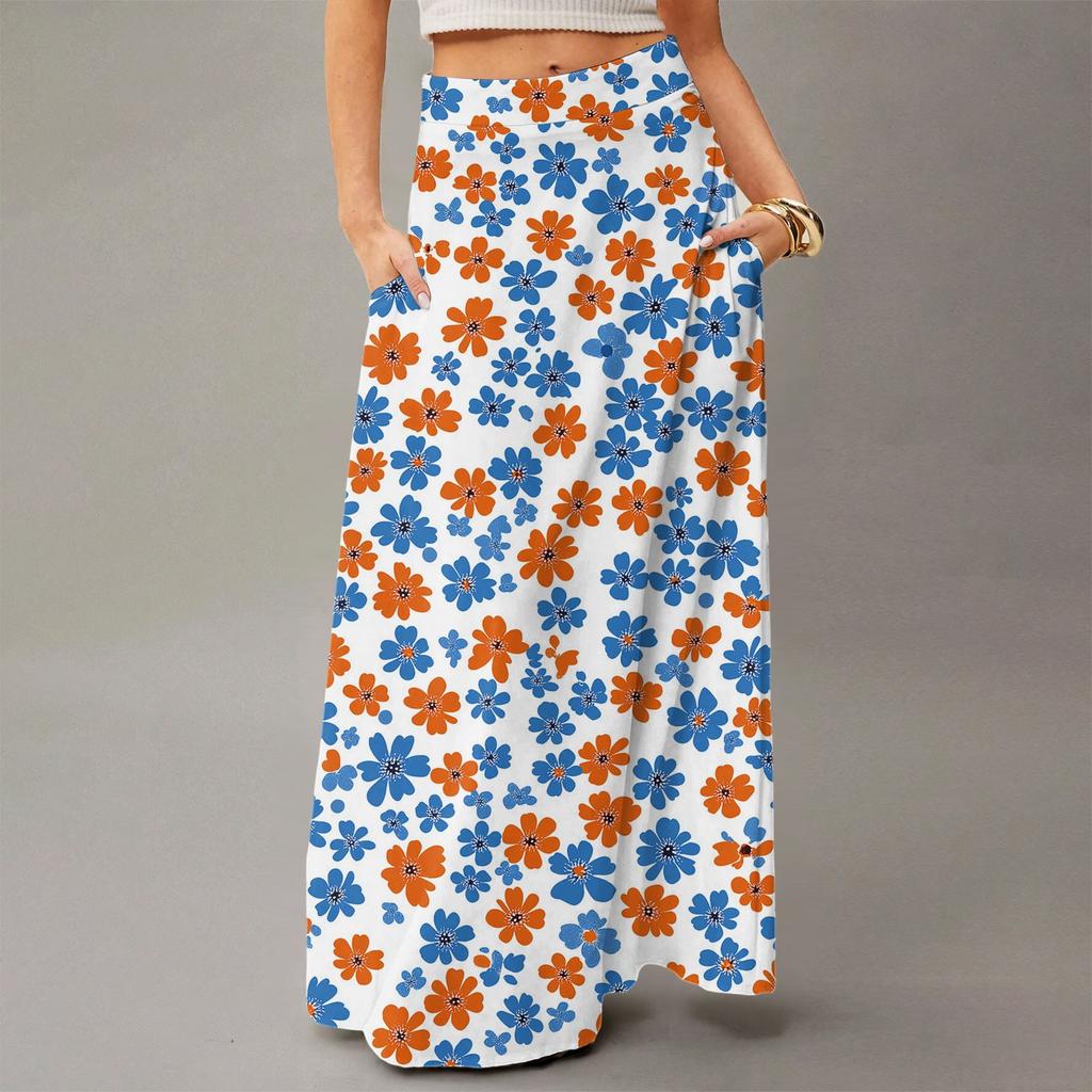 Women's Casual Leisure Foldable Floral Print High Waist With Pocket Draped Relaxed Long Maxi Skirt