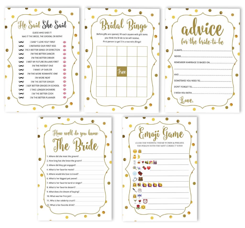 Inkdotpot Gold Confetti Theme Bachelorette Party Games Set Bundle of 5 (Activities for 50 Guests) Fun Bridal Shower Games Set