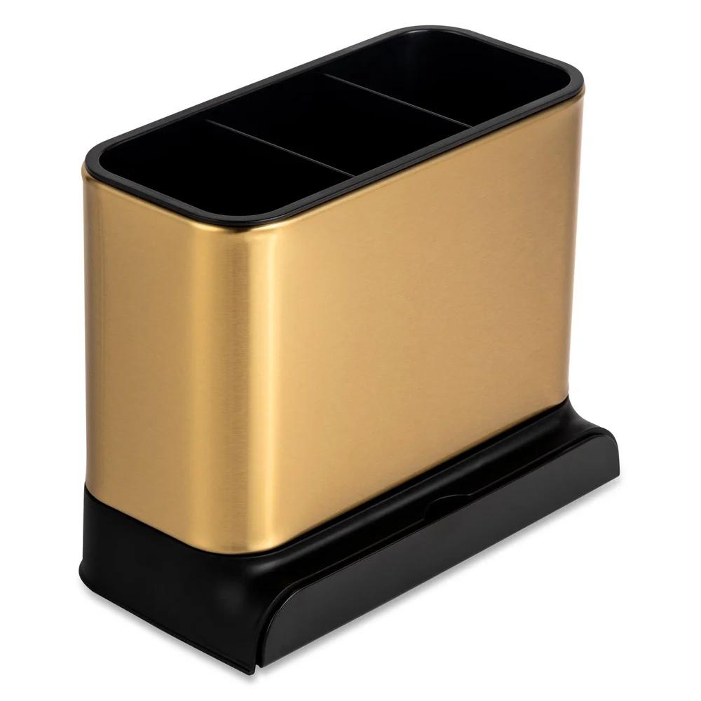 3 Compartment Kitchen Sink Caddy Gold Removable Tray Organizer Sponges Brushes Cleaning Tools Stylish Compact Durable Non-Slip