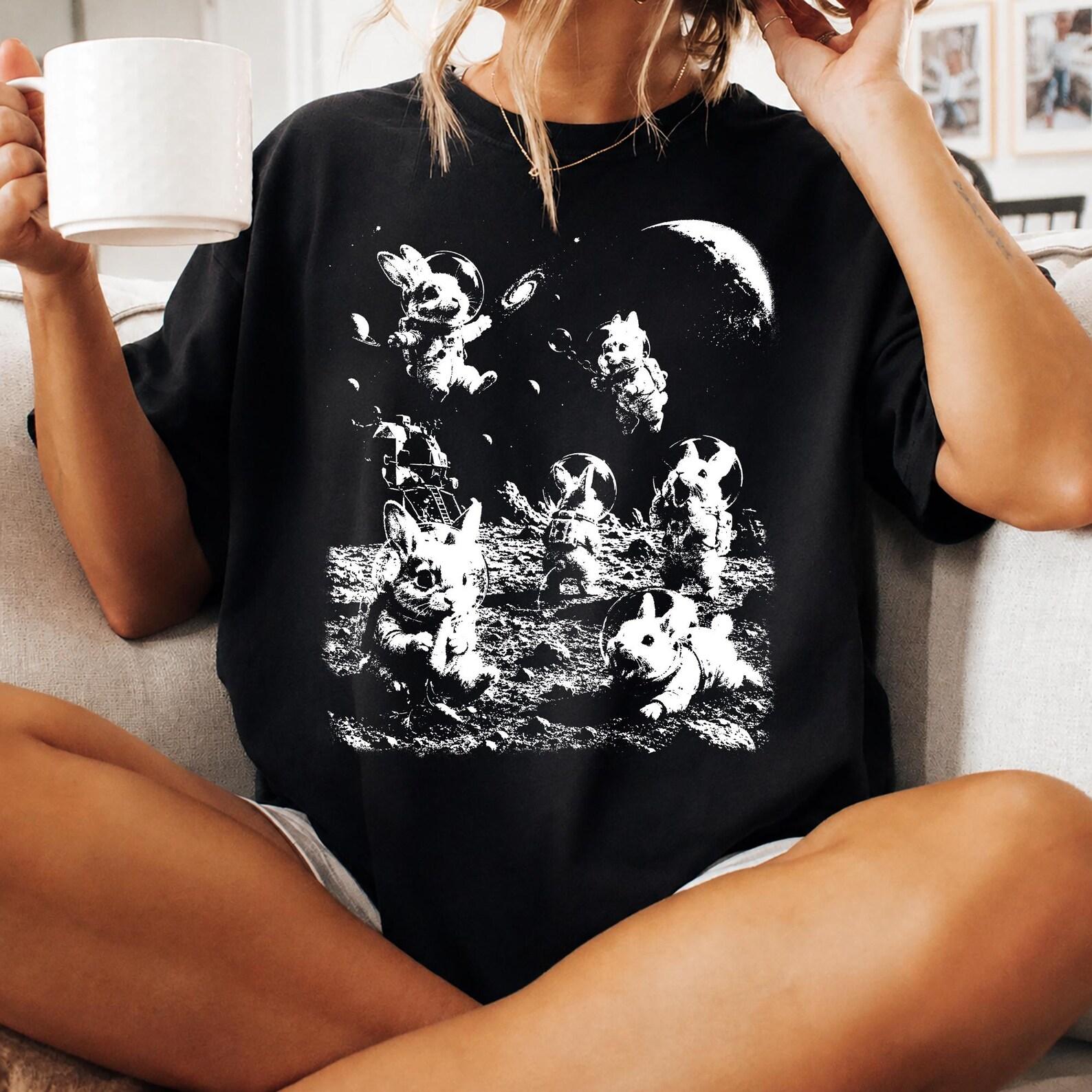 Bunnies In Space Shirt, Vintage Rabbit Graphic Tee, Retro Cosmic Animal Illustration, Comfort Colors Bunny Lover Gift 3XL