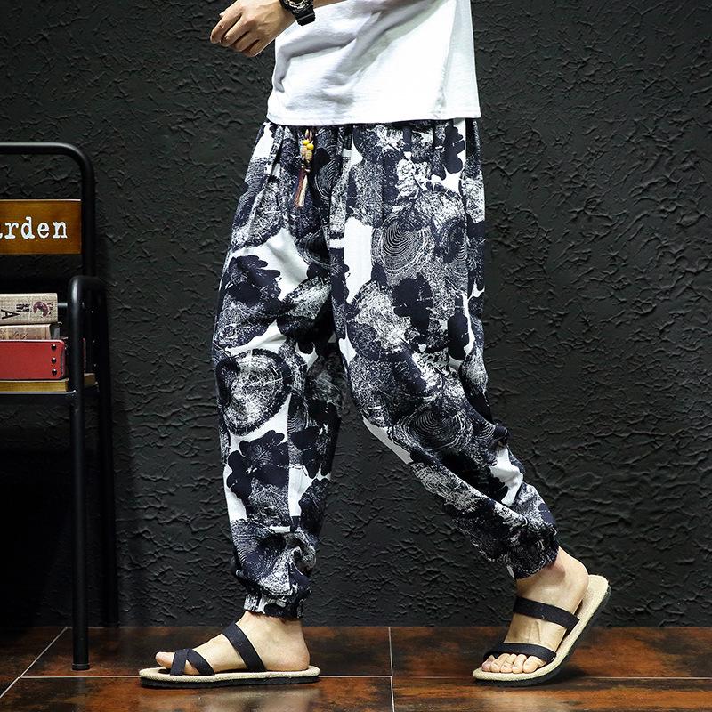 2023 Men's Autumn Cotton-Linen Floral Retro Large Size Slim-Fit Trousers