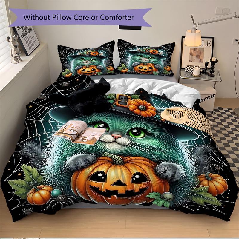 3pcs Spider Wizard Cat Pumpkin Design Pattern Bedding Three-Piece Set (1 Cover + 2 Pillowcases, No Fillings), This Printed Bedding Set Is So