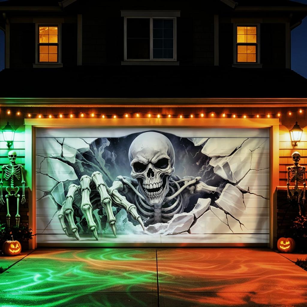 Copertura per Porta del Garage di Halloween, 7×16 Piedi Teschio Decorazioni di Halloween per Esterni