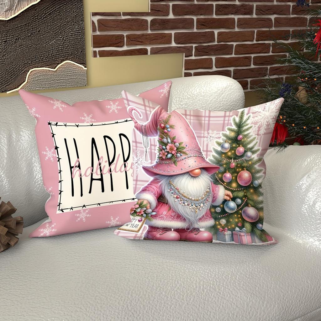 Pink Christmas Pillowcases: Gnome, Snowman & 'Merry' 'Happy' Prints for Festive Decor sofas, bedroom pillow covers