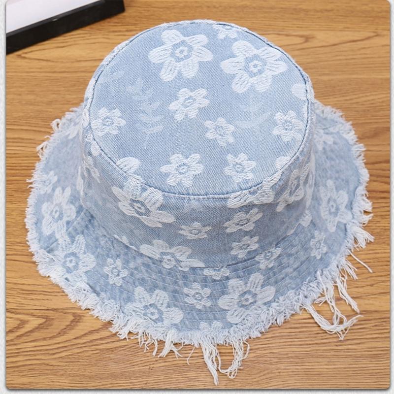 Stylish Distressed Trim Flower Print Fisherman Hat Breathable Bucket Hat for Spring Autumn Daily Outfit Fashion Headwear
