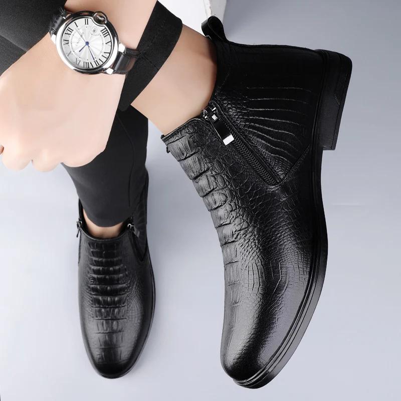 Fashion Winter Plush Genuine Leather Chelsea Men Boots Leather Men Designer Ankle Boot Fashion Casual Business Formal Boots Cowboy Boots