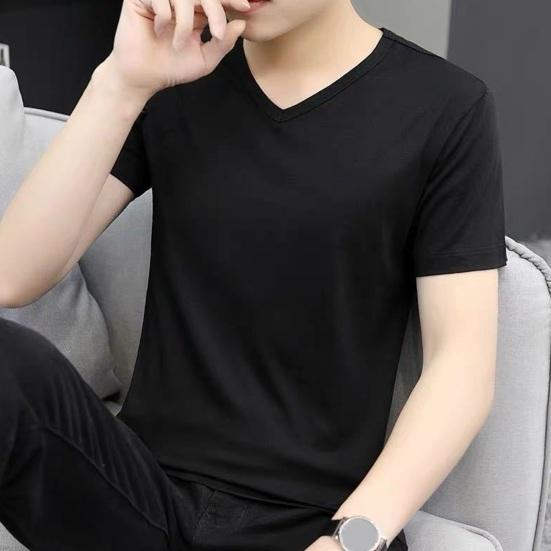 Summer Men T-shirt V Neck Ice Silk Solid Color Casual Style Short Sleeve Slim Fit Pullover Daily Wear Youthful Teenager Sport Top