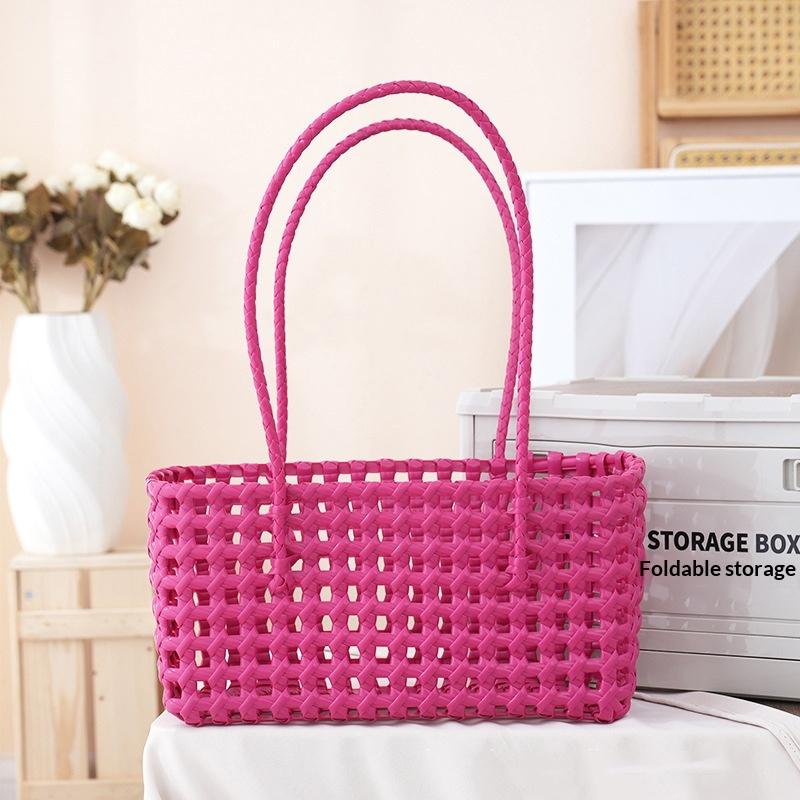 Handgefertigte Plastik-Hohlgeflecht-Tasche Landhausstil Große Kapazität Strand-Tragetasche Eimer-Tasche Damen-Handtasche Sommer-Strandtasche