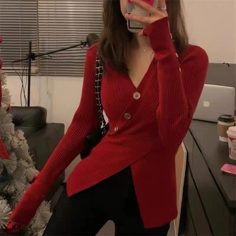 Spring and Autumn Women's Knitwear Long Sleeve Slim Split V-Neck Spice Top Inner White Bottom Shirt