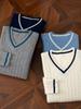 Men's Wool V-Neck Color Block Sweater - Thick Cable Knit for Fall/Winter