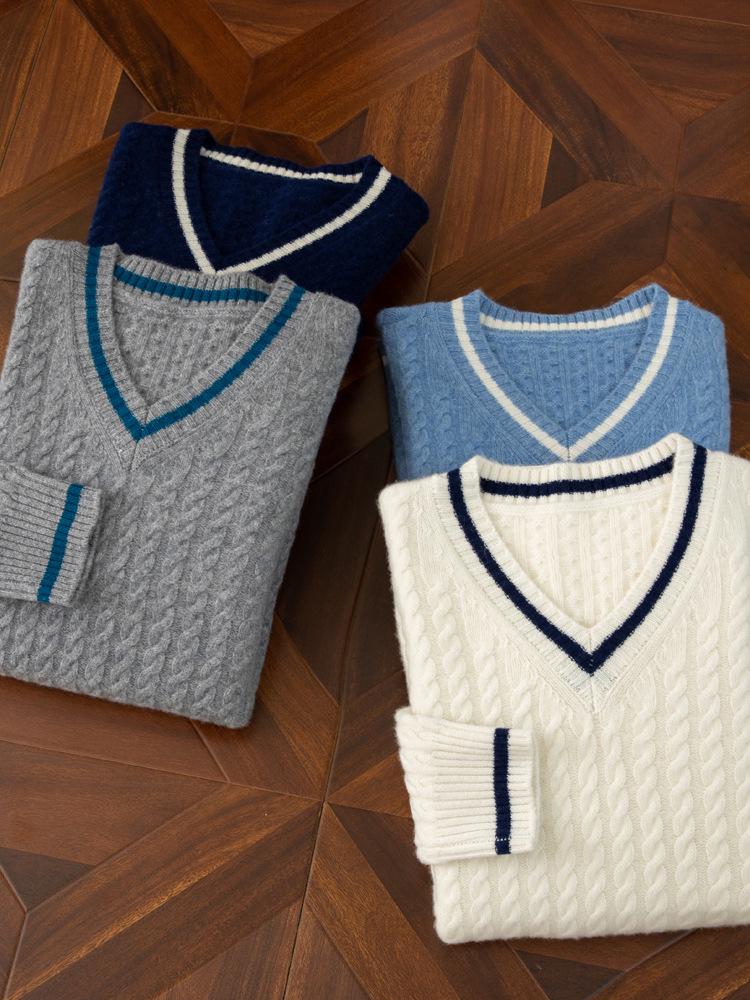 Men's Wool V-Neck Color Block Sweater - Thick Cable Knit for Fall/Winter
