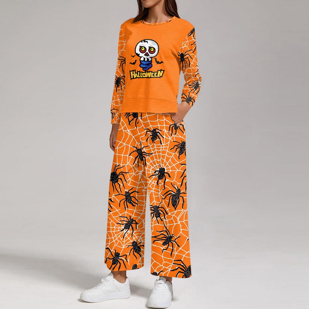 Women's Halloween Print Sweatshirt and Jogger Set, Crewneck Loose Fit with Side Slit Hem