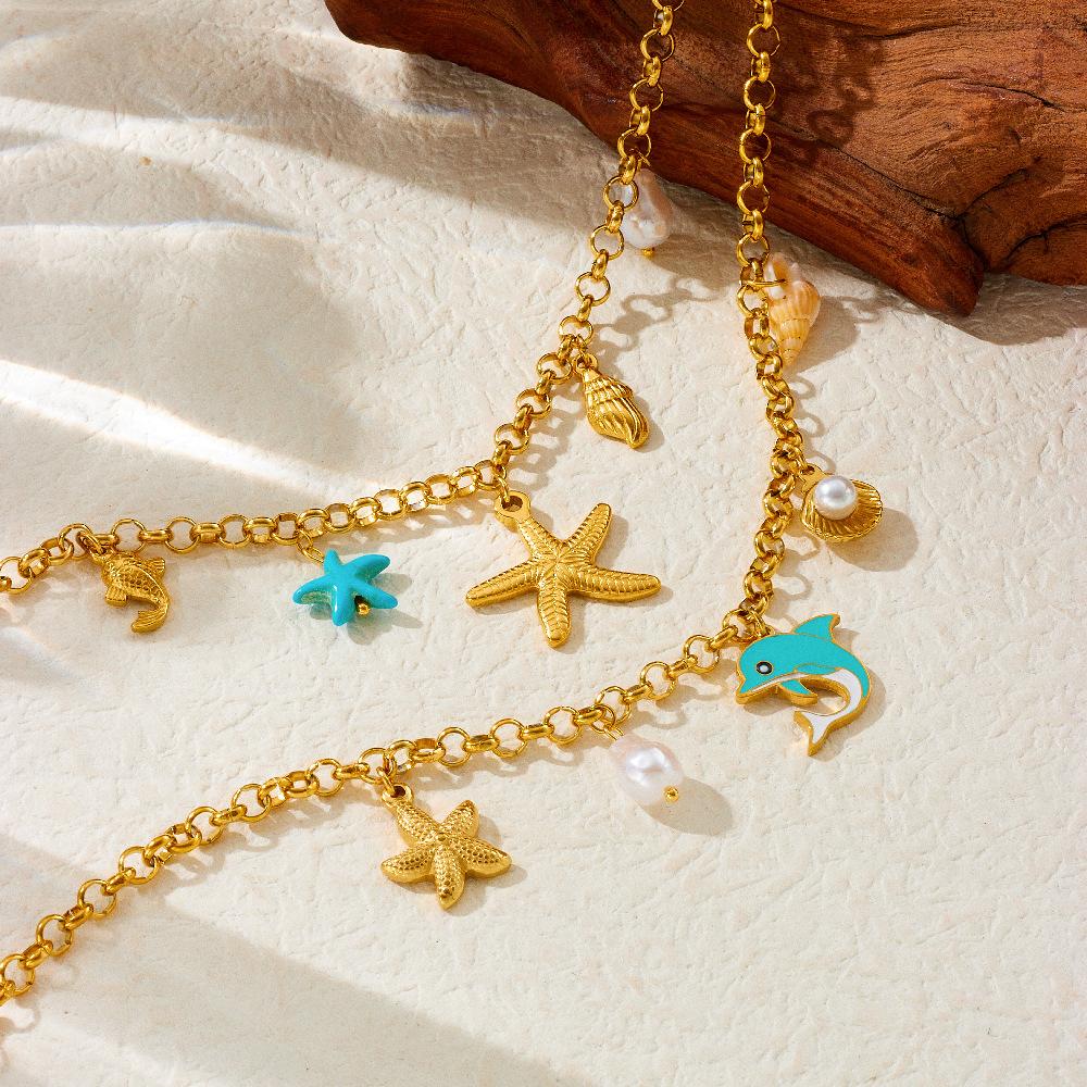 Fashion Vacation Ocean Drop Oil Dolphin Pearl Shell Starfish Chunky Chain Necklace