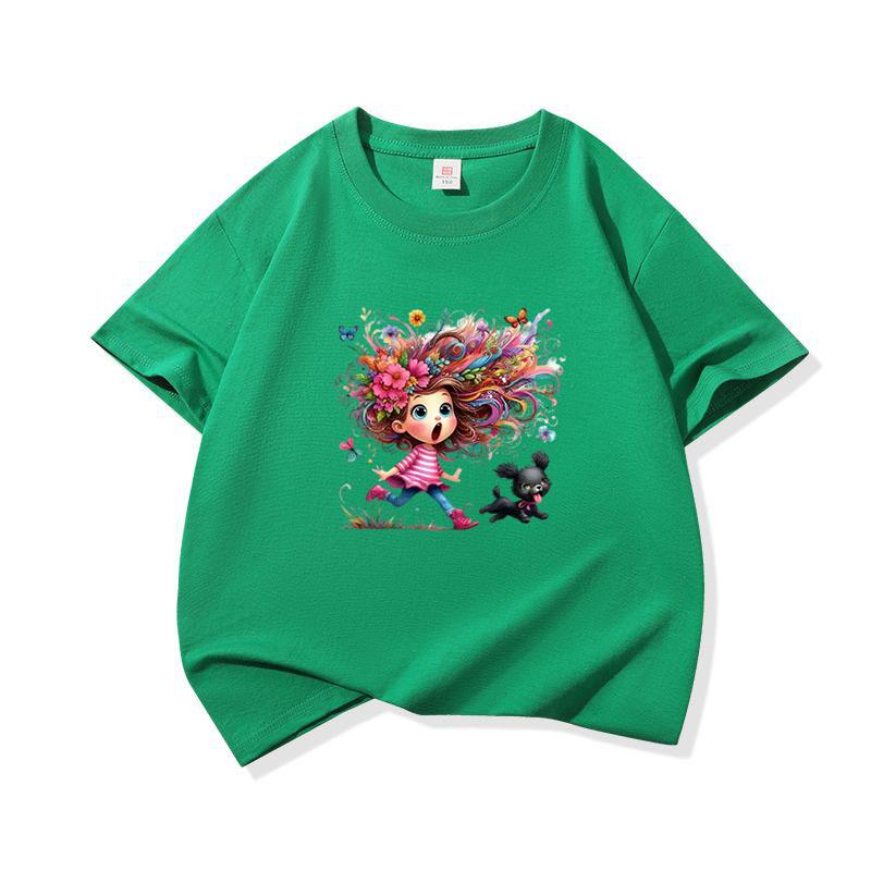 Kids Cotton T Shirt Colorful Hair Girl Running With Black Puppy Print Crew Neck Short Sleeve Tee Casual Boys Girls Summer Tops