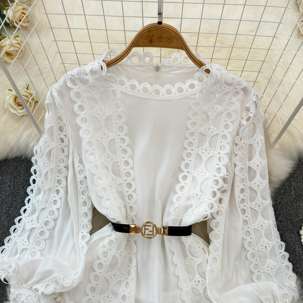 Court Style Elegant Dresses for Women Crochet Lace Hollow Out O-neck Lantern Sleeve Female Vestidos A-line Belted Dress Dropship