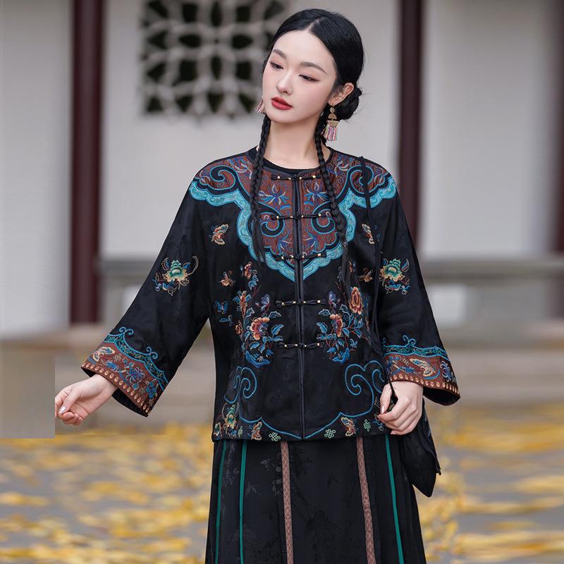 

Этнический кардиган свободного кроя с вышивкой и китайскими застежками-лягушками Large чёрный