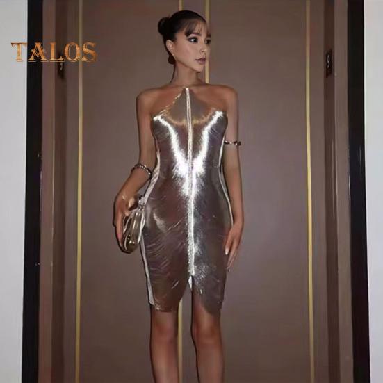 Women Party Dress Glossy Tassel Halter Neck Backless Sleeveless Split Hem Solid Color Slim Fit Off Shoulder Club Party Banquet Mini Dress