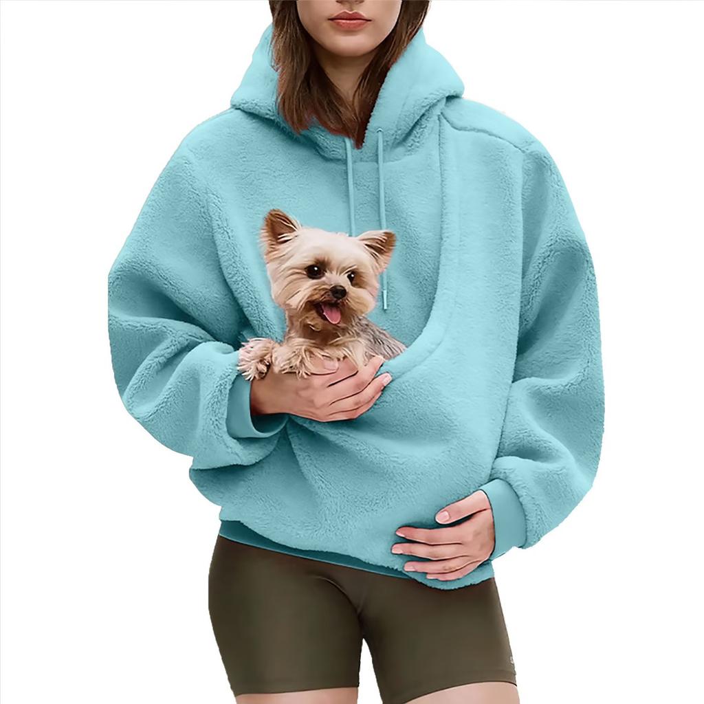 New Women's Loose Pullover Hoodie, Solid Color Plush Pet Pouch, Autumn Winter European American Style Crossborder Top
