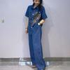 Plus Size Womens Denim Set Rhinestone Short Sleeve Top High Waist Wide Leg Pants Two Piece