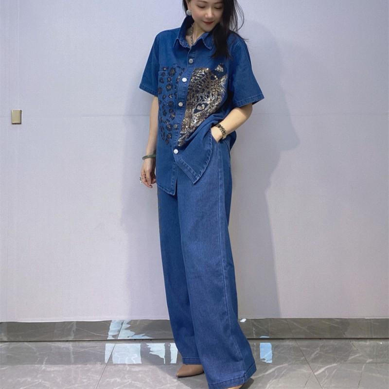 Plus Size Womens Denim Set Rhinestone Short Sleeve Top High Waist Wide Leg Pants Two Piece