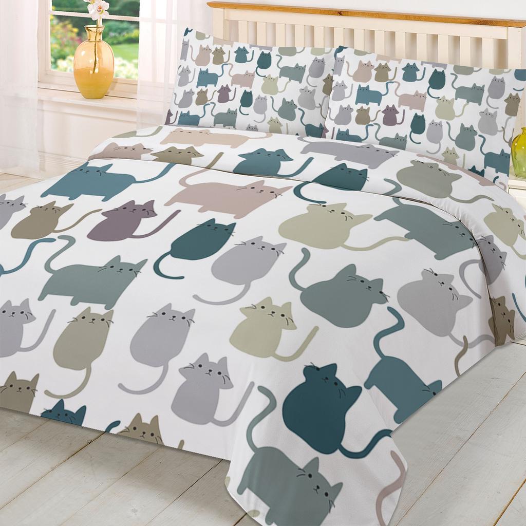 Kawaii Colorful Cat White Duvet Cover Bed Bedding Set Home Textile Quilt Cover Pillowcases Bedroom Double Bedding Set No Sheet