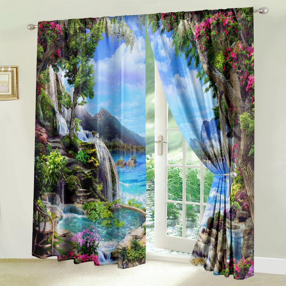 2Pcs Dreamland Curtains Waterfall Lake Mountain Print Living Room Bedroom Decor Curtains Nature Landscape Sunshade Curtains