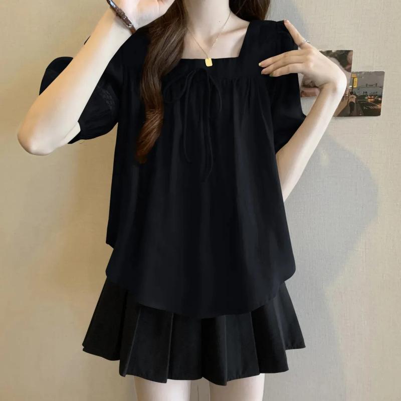 Summer French Bow Design Square Neck T-shirt Solid Color Elegant Loose Casual Women's Tops